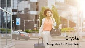  Presentation with business travel - PPT theme enhanced with bag walking down city street background and a soft green colored foreground