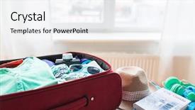  Presentation with tourism - Presentation design consisting of bag with clothes and stuff background and a sky blue colored foreground