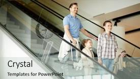  Presentation with airport departure arrival information board - Slides having baggage moving down on escalator background and a  colored foreground