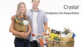  Presentation with groceries cart - Slide deck having bags and a shopping cart background and a white colored foreground