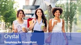  Presentation with city people walking - Presentation theme having bags and drinks walking along background and a teal colored foreground