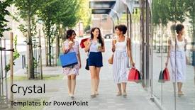  Presentation with city people walking - Cool new PPT layouts with bags and drinks walking along backdrop and a light gray colored foreground