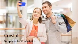  Presentation with people mall - Presentation theme having bags and smartphone taking self background and a  colored foreground