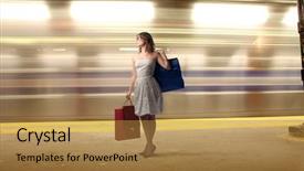  Presentation with shopping - Cool new PPT theme with bags in an underground station backdrop and a gold colored foreground