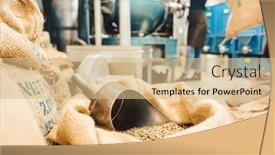  Presentation with wholesale - Amazing PPT theme having bags of coffee in roastery or wholesale storage waiting to be roasted or sold backdrop and a soft green colored foreground