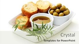  Presentation with olive oil - Beautiful PPT theme featuring baguette and olive oil - delicious snack - food and drink backdrop and a soft green colored foreground
