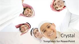  Presentation with big group people - Cool new slides with bahrain - happy group of arabic people backdrop and a coral colored foreground