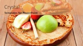  Presentation with pancake - Amazing theme having baked and fruits pancake with honey strawberries and apple on wooden table backdrop and a coral colored foreground