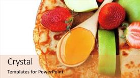  Presentation with pancake - Audience pleasing PPT layouts consisting of baked and fruits pancake with honey strawberries and apple isolated over white background on wooden plate backdrop and a gold colored foreground