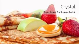  Presentation with pancake - Presentation design consisting of baked and fruits pancake with honey strawberries and apple isolated over white background on wooden plate background and a sky blue colored foreground