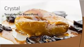  Presentation with foie - Slides having baked apple with foie gras garnished with prunes and sauce background and a white colored foreground