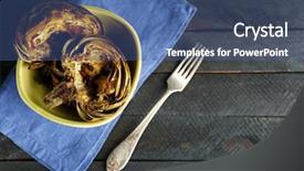  Presentation with green plate - Colorful theme enhanced with space text italian food - baked artichokes in green plate backdrop and a ocean colored foreground