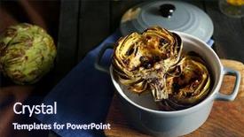  Presentation with airport boarding board - Colorful presentation theme enhanced with baked artichokes in saucepan on cutting board backdrop and a navy blue colored foreground