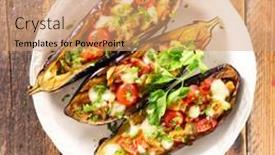  Presentation with tomato - Beautiful presentation theme featuring baked-aubergine-with-tomato backdrop and a coral colored foreground