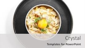  Presentation with italian cuisine - PPT theme enhanced with baked-carbonara-top-view-pasta background and a light gray colored foreground