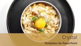  Presentation with italian cuisine - PPT layouts having baked-carbonara-top-view-pasta background and a yellow colored foreground