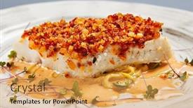  Presentation with food fish - PPT layouts enhanced with baked-cod-fillet-with-sauce background and a yellow colored foreground
