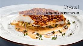  Presentation with food fish - Presentation theme enhanced with baked-cod-fillet-with-sauce background and a light blue colored foreground