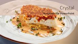  Presentation with food fish - Colorful PPT theme enhanced with baked-cod-fillet-with-sauce backdrop and a coral colored foreground