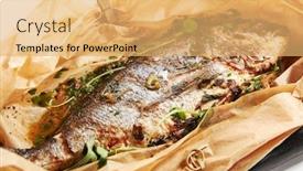  Presentation with mediterranean food herbs - Slides with baked-dorado-fish-in-parchment background and a yellow colored foreground