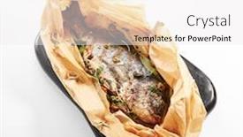  Presentation with mediterranean food herbs - Colorful presentation design enhanced with baked-dorado-fish-in-parchment backdrop and a white colored foreground