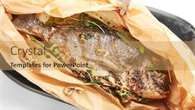  Presentation with mediterranean food herbs - Colorful theme enhanced with baked-dorado-fish-in-parchment backdrop and a coral colored foreground