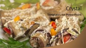  Presentation with eggplant - Presentation theme having baked eggplant rolls stuffed tomato and dressed with parsley over white background background and a coral colored foreground