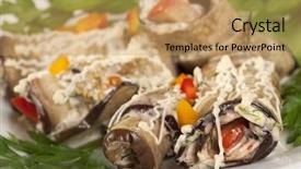  Presentation with eggplant - Slide set enhanced with baked eggplant rolls stuffed tomato and dressed with parsley over white background background and a coral colored foreground