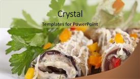  Presentation with eggplant - Presentation design having baked eggplant rolls stuffed tomato and dressed with parsley over white background background and a yellow colored foreground