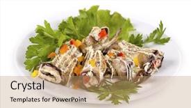  Presentation with eggplant - Audience pleasing PPT theme consisting of baked eggplant rolls stuffed tomato and dressed with parsley over white background backdrop and a coral colored foreground