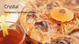  Presentation with tea cup - PPT layouts enhanced with baked food big apple pie background and a coral colored foreground