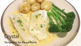  Presentation with herb - Slide deck featuring baked haddock fillets in a lemon and herb sauce with vegetables background and a blonde colored foreground
