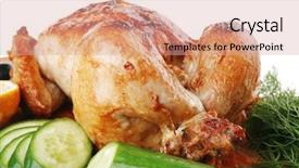  Presentation with raw meat - PPT theme enhanced with baked meat homemade turkey with black olives and raw tomatoes on wooden board isolated over white background background and a coral colored foreground