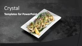  Presentation with minimal - Theme having baked-mussels-with-cheese background and a dark gray colored foreground