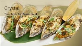  Presentation with minimal - PPT theme enhanced with baked-mussels-with-cheese background and a yellow colored foreground