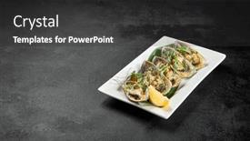  Presentation with appetizer - PPT theme consisting of baked-mussels-with-cheese background and a dark gray colored foreground