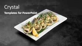 Presentation with appetizer - Presentation design consisting of baked-mussels-with-cheese background and a dark gray colored foreground