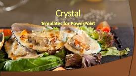  Presentation with sauce - Slide deck consisting of baked mussels with spicy sauce garnished with cherry tomato and salad leaves background and a tawny brown colored foreground