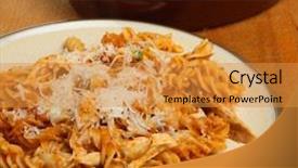  Presentation with pasta sauce - Colorful slide deck enhanced with baked pasta with chicken tomato sauce and grated cheese backdrop and a gold colored foreground