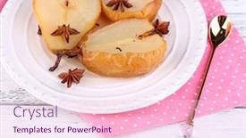  Presentation with syrup - Amazing presentation having baked pears with syrup on plate on color wooden background backdrop and a lemonade colored foreground