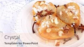  Presentation with syrup - Presentation theme enhanced with baked pears with syrup on plate on bright background background and a coral colored foreground