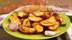  Presentation with wedges - Slide set featuring baked potato wedges on wooden table closeup background and a gold colored foreground