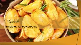  Presentation with wedges - Slide deck consisting of baked potato wedges on wooden table closeup background and a yellow colored foreground