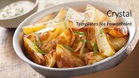  Presentation with wedges - Presentation featuring baked potato wedges with yogurt background and a lemonade colored foreground