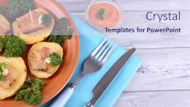  Presentation with bacon - Audience pleasing presentation consisting of baked potato with bacon on plate on wooden background backdrop and a sky blue colored foreground