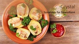  Presentation with bacon - Amazing theme having baked potato with bacon on plate on wooden background backdrop and a coral colored foreground