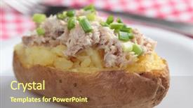  Presentation with tuna - Slides enhanced with baked potato with tuna salad and green onion on white plate background and a tawny brown colored foreground