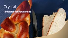  Presentation with product - Audience pleasing PPT layouts consisting of baked product cut of challah over blue painted wooden board backdrop and a ocean colored foreground