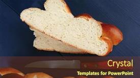  Presentation with product - Beautiful slide deck featuring sabbath - baked product cut of challah backdrop and a tawny brown colored foreground