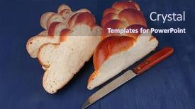  Presentation with product - PPT layouts having baked product cutted golden challah on blue wooden table background and a navy blue colored foreground